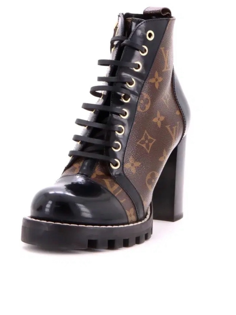 Louis Vuitton Black and Brown Monogram Lace-Up Platform Ankle Boots